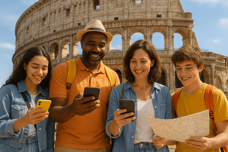 A happy family using their individual eSIM-connected phones while traveling in Rome.