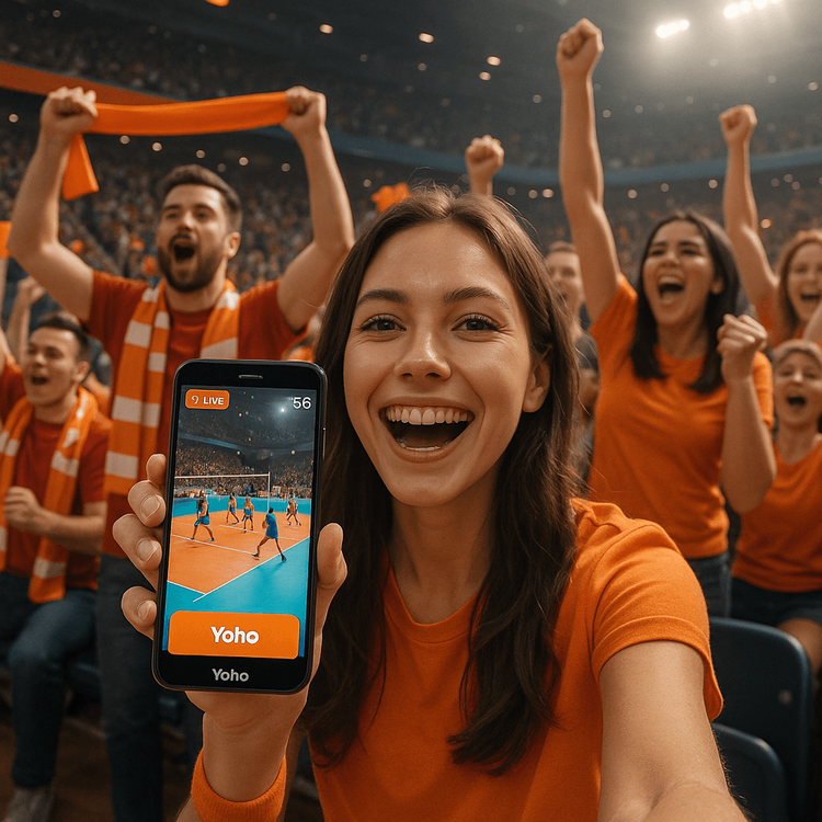 Volleyball fans cheering at FIVB World Championship while using Yoho Mobile eSIM for seamless connectivity.