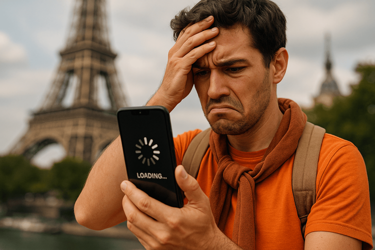 Traveler frustrated by slow data speeds from data throttling on their 'unlimited' eSIM plan.