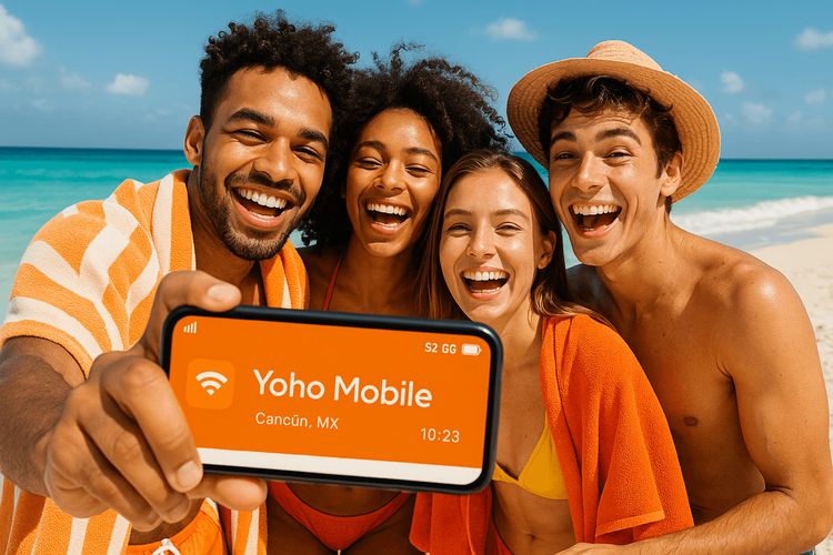 A group of friends using a Yoho Mobile eSIM on their phone to share moments during Spring Break in Cancun.