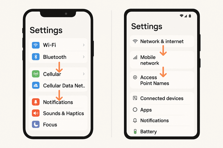 Visual guide showing where to find APN settings on both iOS and Android devices.