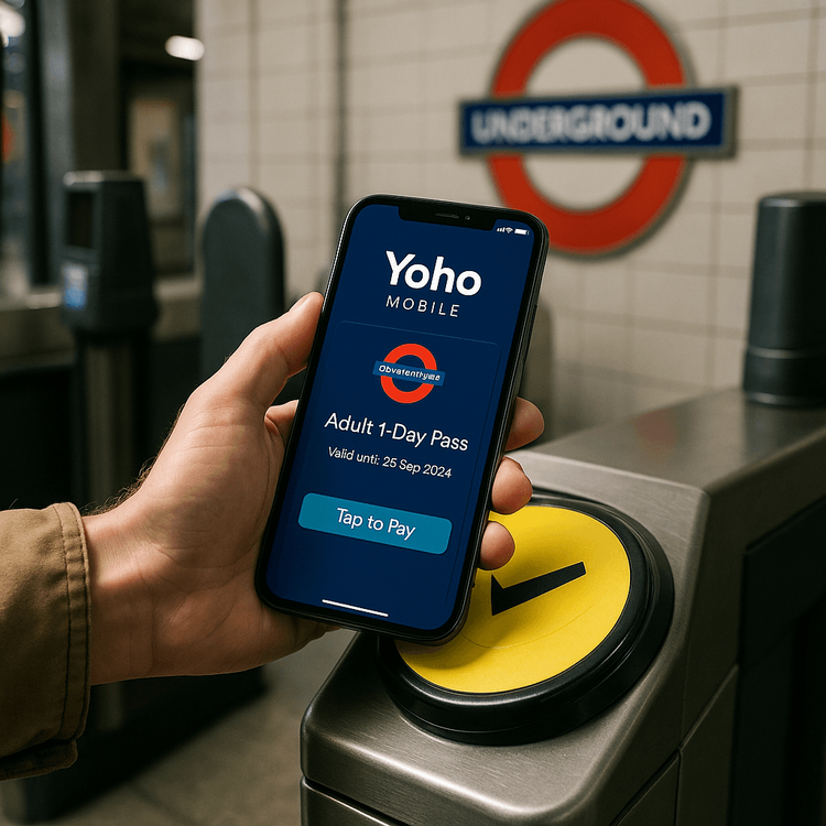 A traveler using a phone with a Yoho Mobile eSIM to make a contactless payment at a London Underground station.