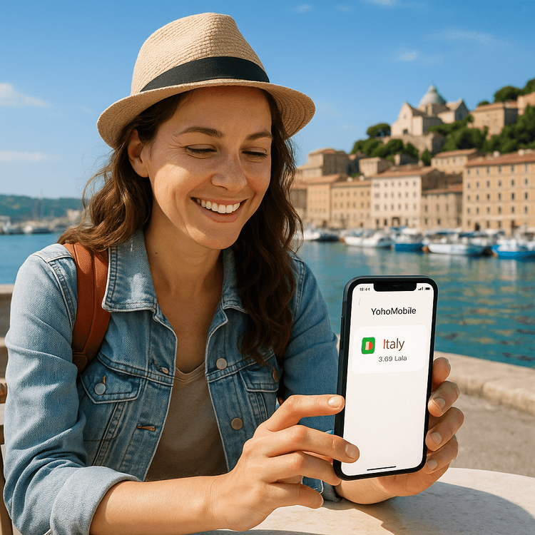 A happy traveler using her Yoho Mobile eSIM on her smartphone at a cafe in Ancona, Italy.