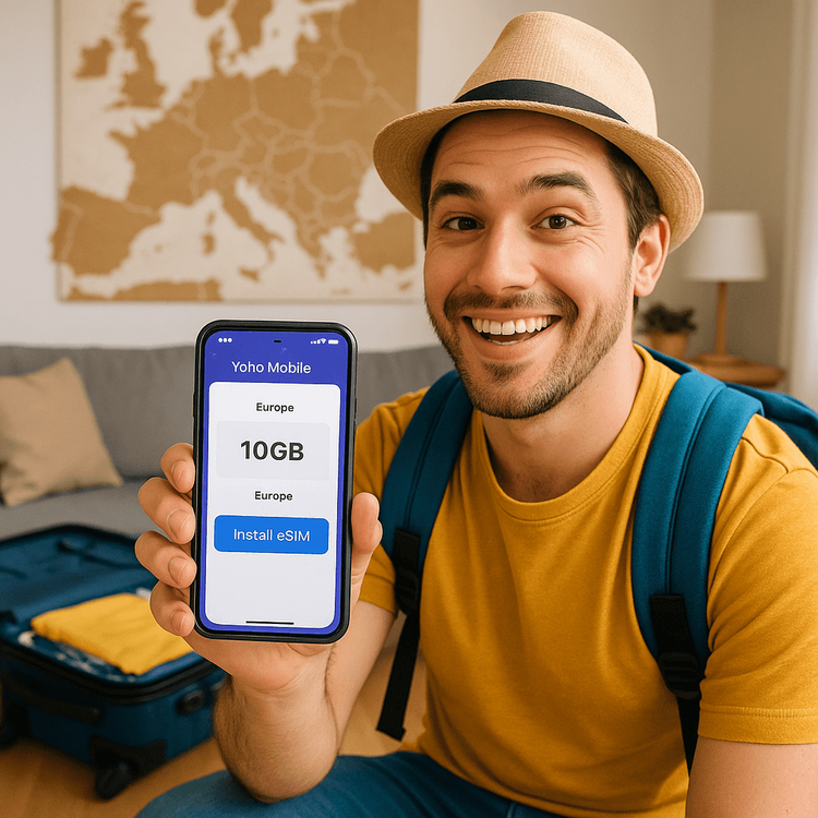 A traveler easily installing a Yoho Mobile Europe eSIM on their smartphone at home before their trip.