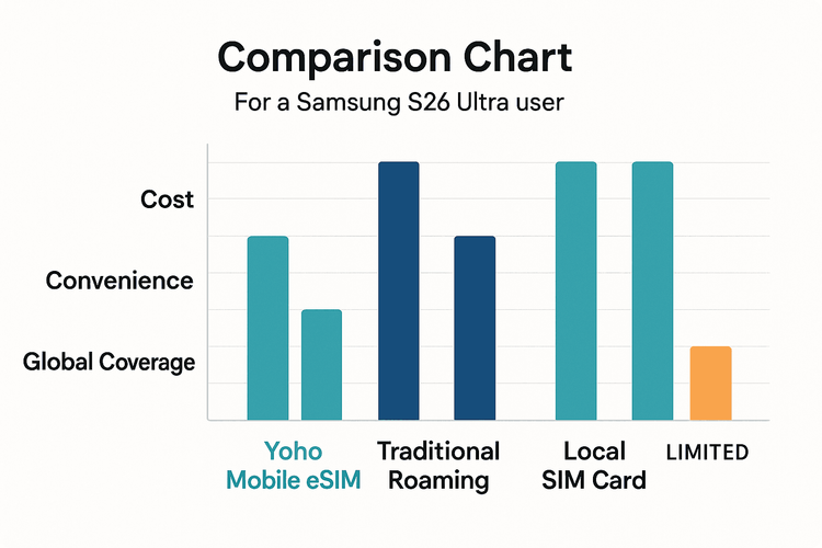 A comparison chart showing the advantages of Yoho Mobile eSIM over traditional roaming and local SIMs in terms of cost and convenience.