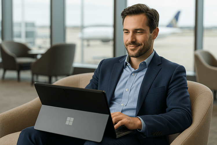 A business traveler using a Yoho Mobile eSIM on their Microsoft Surface Pro for remote work in an airport.