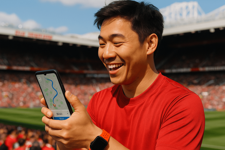 A Chinese Manchester United fan using a Yoho Mobile eSIM on their phone outside Old Trafford stadium.