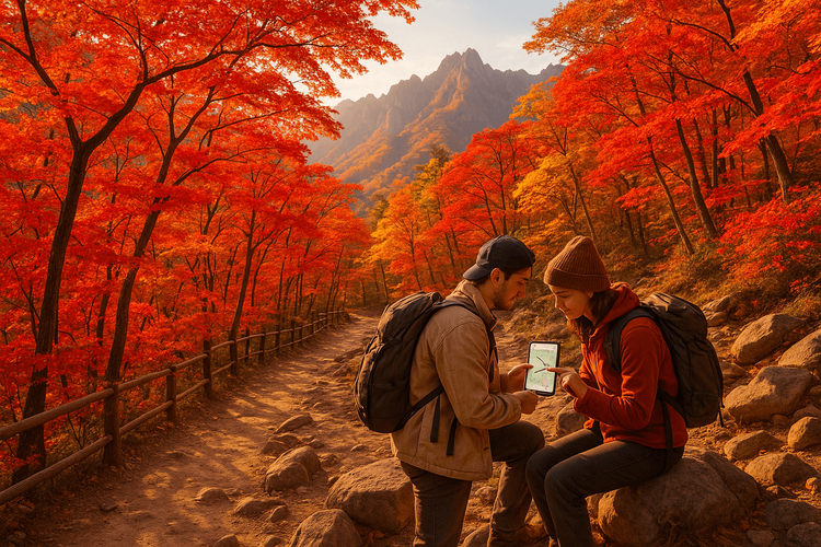 Hikers checking a trail map on their phone in Seoraksan National Park during autumn.