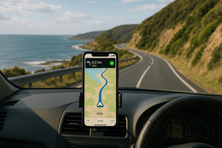 A phone with a navigation app powered by an eSIM mounted on a car dashboard during an Australian road trip.