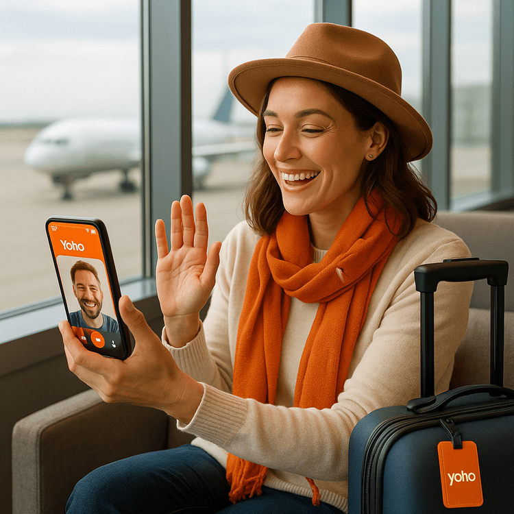 A happy traveler in an airport using her phone with the Yoho Mobile app, showcasing reliable connectivity and customer support.