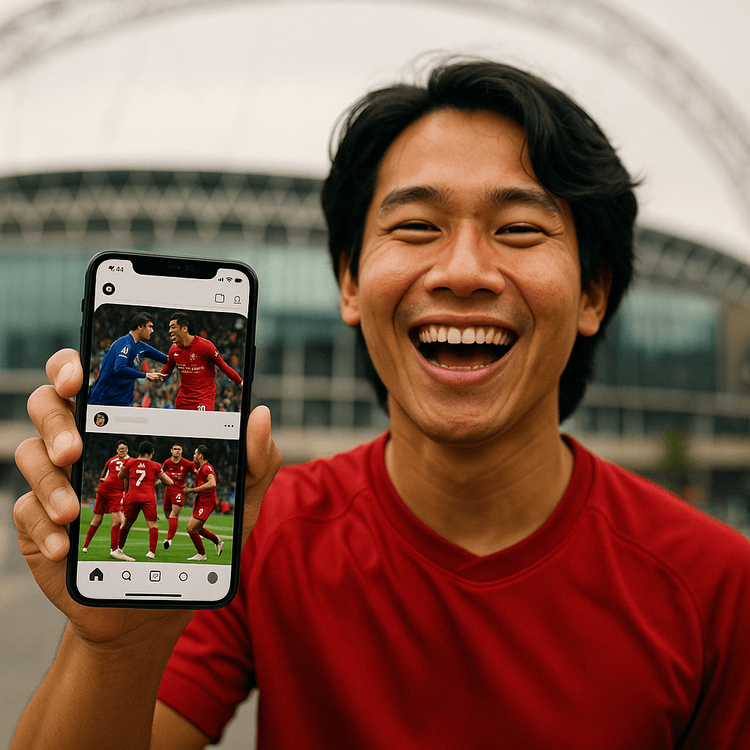 A happy Thai football fan uses their phone with a Yoho Mobile eSIM outside a London stadium to share their Premier League experience.