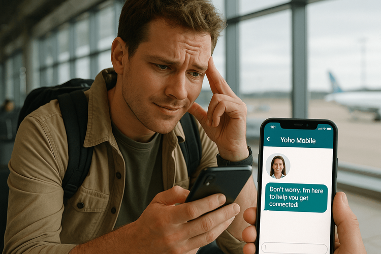 A traveler receiving helpful 24/7 customer support from Yoho Mobile to solve a connectivity issue abroad.