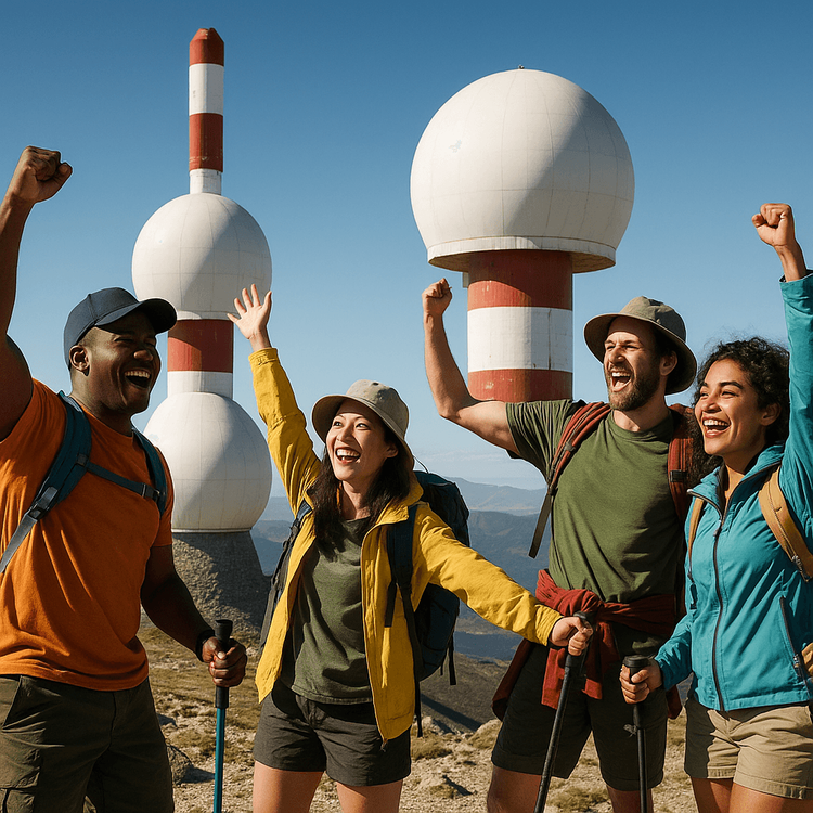 Hikers celebrating at the summit of Bola del Mundo with its iconic radomes in view.