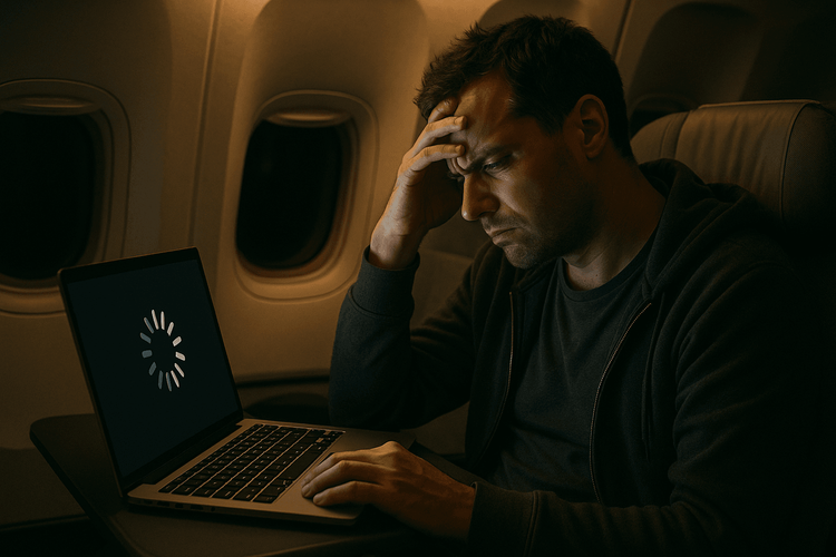 A frustrated traveler experiencing slow in-flight WiFi on their laptop during a flight.