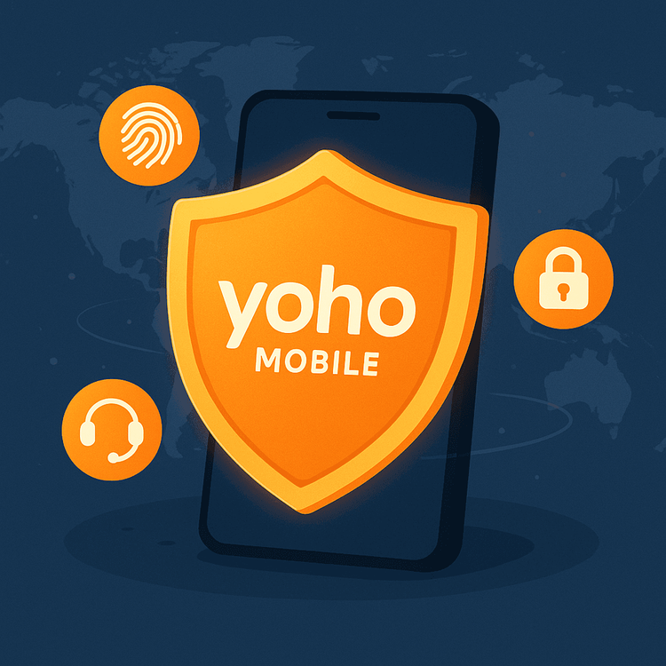 Illustration of a shield with the Yoho Mobile logo protecting a smartphone, symbolizing robust security features like eKYC and secure login.