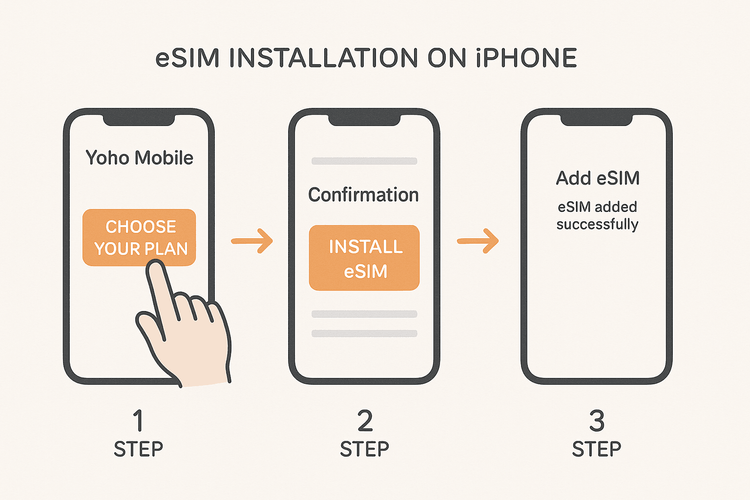 A 3-step visual guide showing the easy installation process for a Yoho Mobile eSIM on an iPhone, from purchase to activation.
