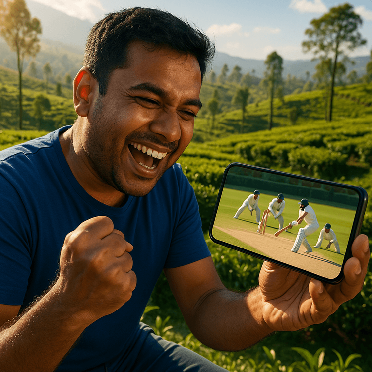 A cricket fan watching a live match on their phone while traveling in a Sri Lankan tea plantation.