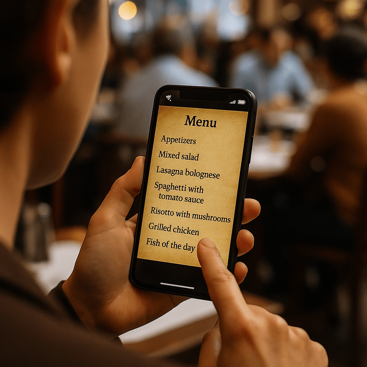 A traveler using a real-time translation app on their phone to read a menu in an Italian cafe.