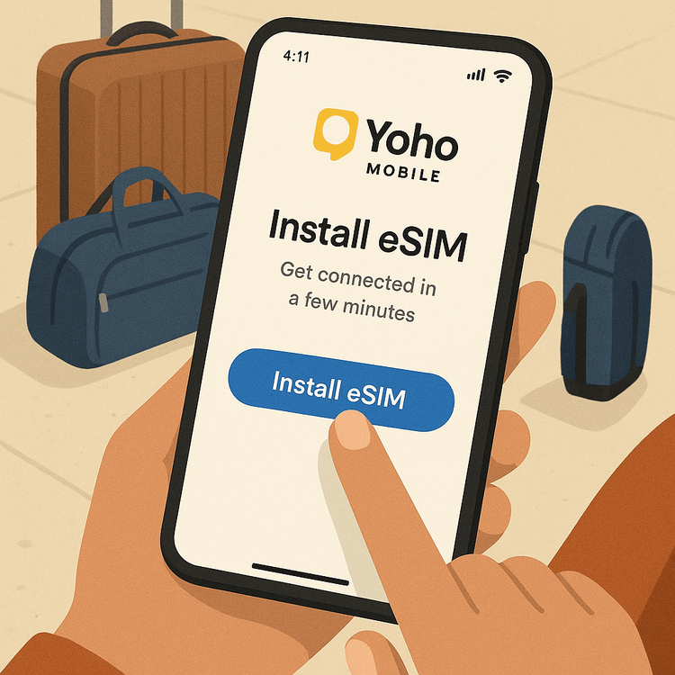 An illustration showing the simple, one-tap installation process for a Yoho Mobile eSIM before traveling.