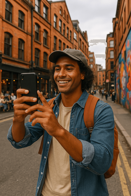 A Brazilian tourist exploring and taking photos in the Northern Quarter of Manchester.