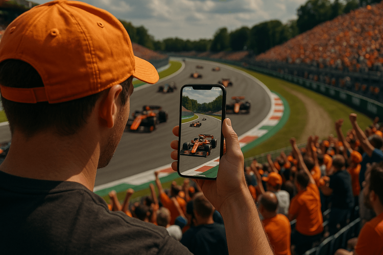View from the grandstands at Monza, with a fan recording the F1 race on a phone showing a strong 5G signal.