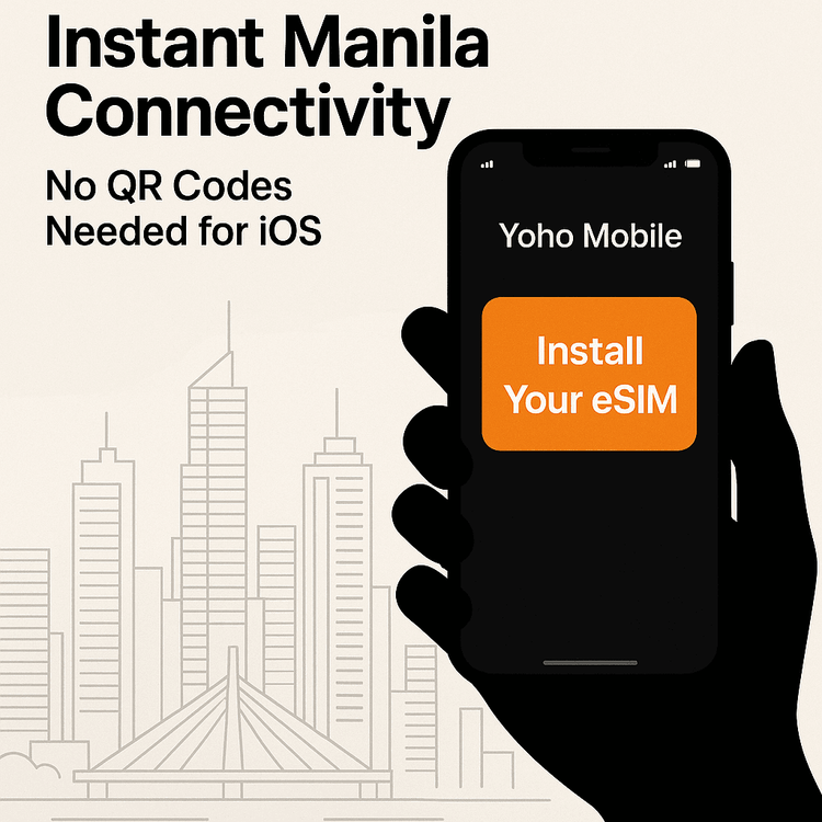 Illustration of the simple one-click eSIM installation process for iOS users with Yoho Mobile for Manila.