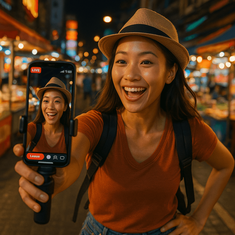 A content creator live-streaming seamlessly from a market in Thailand using a reliable mobile data connection.