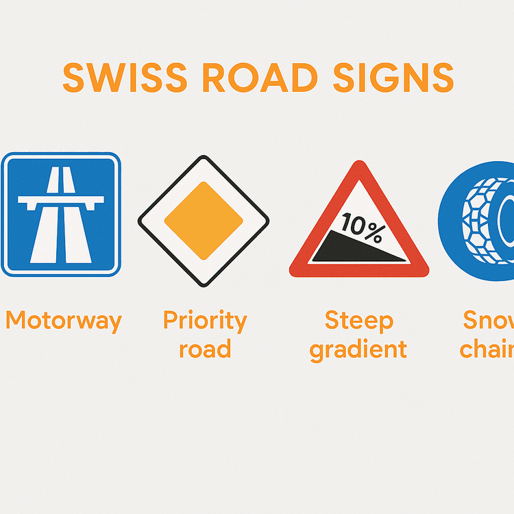 Infographic showing essential Swiss road signs for tourists, including motorway, priority road, and mountain pass warnings.