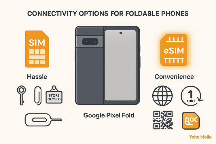 Infographic comparing the hassle of a physical SIM versus the convenience of a Yoho Mobile eSIM for foldable phone users.
