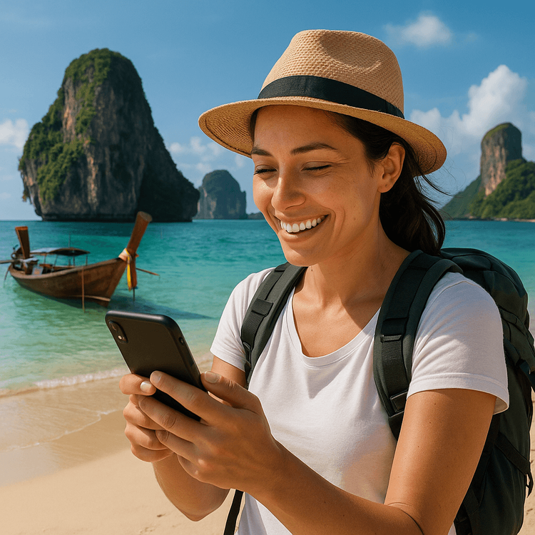 A happy traveler using her eSIM-connected smartphone on a beach in Phuket, Thailand.