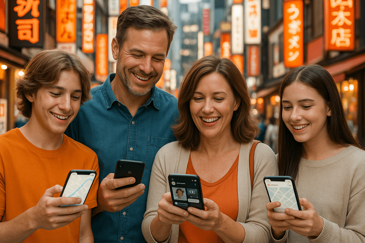 A family enjoying their individual phone connectivity with Yoho Mobile eSIMs while on vacation in Japan.