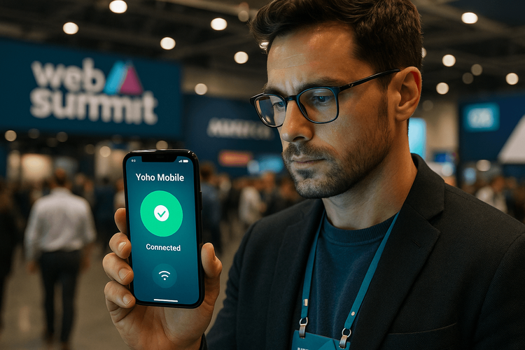 A professional at a tech conference securely using a smartphone with Yoho Mobile eSIM and a VPN connection.