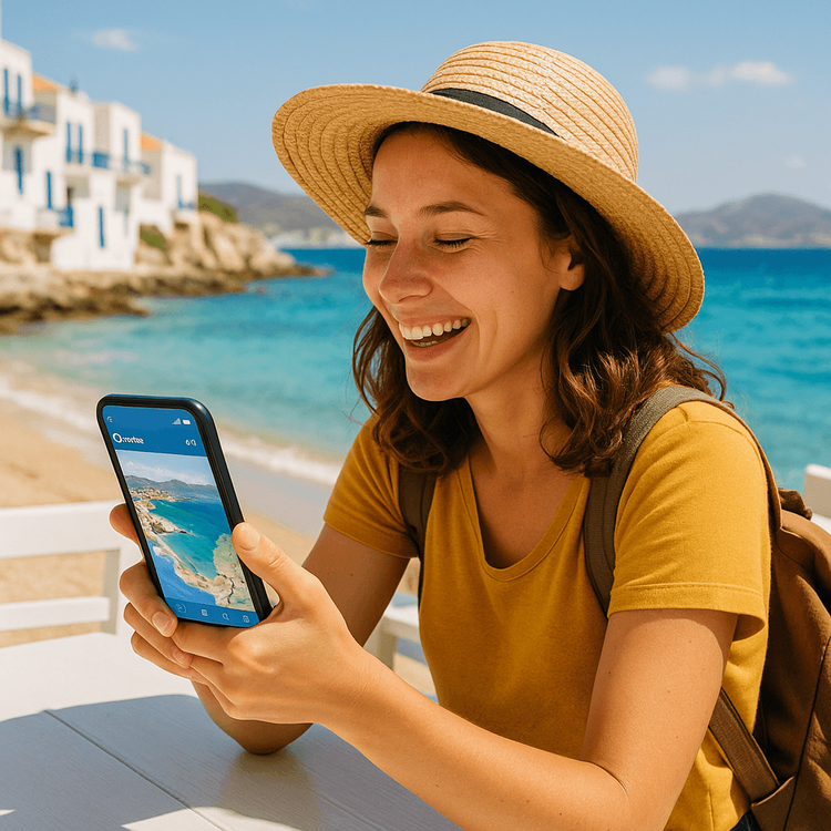 A happy traveler easily using her phone with a Yoho Mobile eSIM at a beach cafe in Greece.