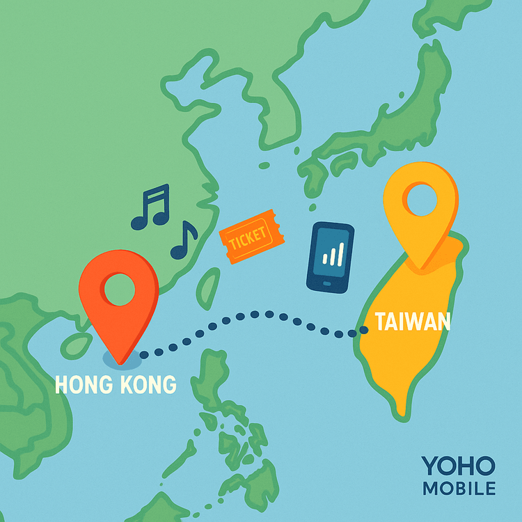 Map illustrating a concert tour route between Hong Kong and Taiwan, powered by Yoho Mobile's Asia eSIM.