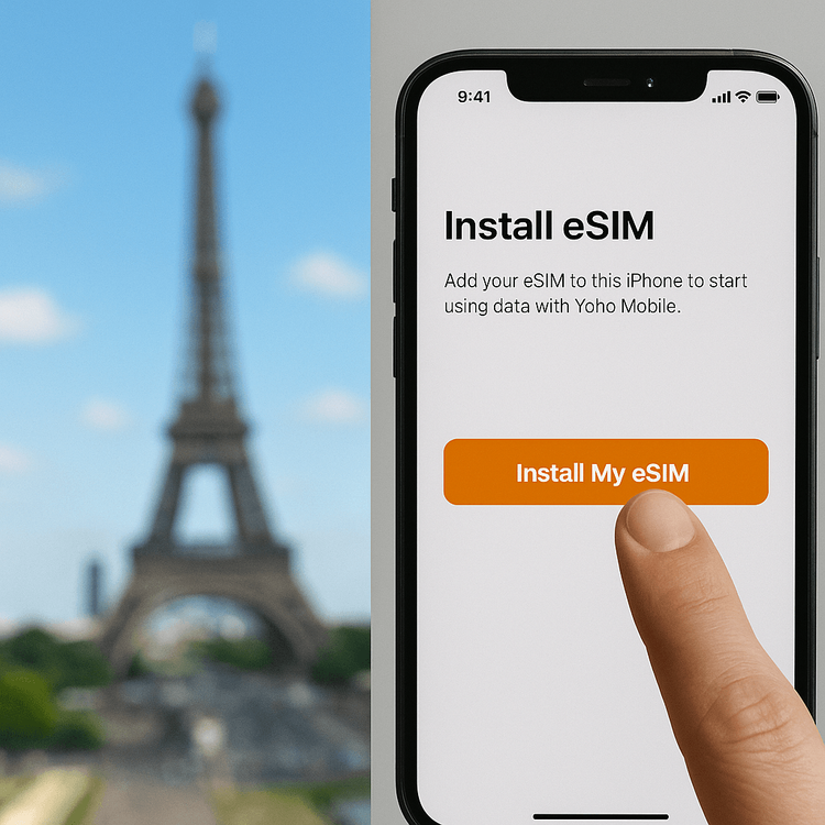 A user easily installing a Yoho Mobile eSIM on their iPhone with a single tap, ready for their travels.