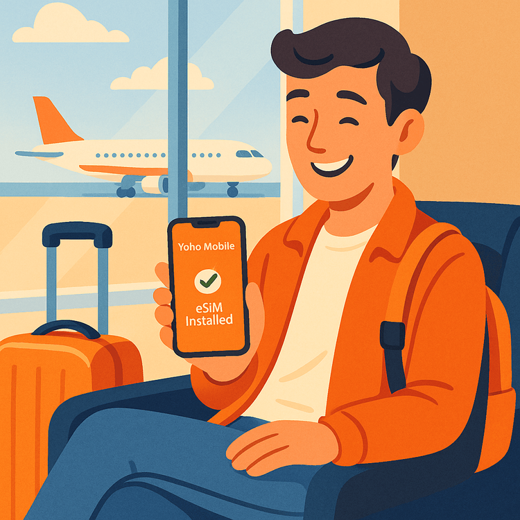 A traveler easily activating their Yoho Mobile travel eSIM on their smartphone before their flight.