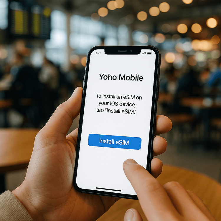 A user easily installing a Yoho Mobile eSIM on their iPhone with a single tap before their international flight.