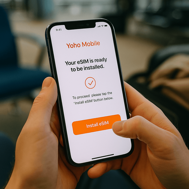 A user easily installing a Yoho Mobile eSIM on their iPhone in just one minute before their trip.