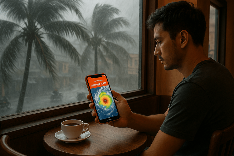 A traveler safely uses their smartphone with a Yoho Mobile eSIM to check weather alerts during a typhoon in Hanoi.