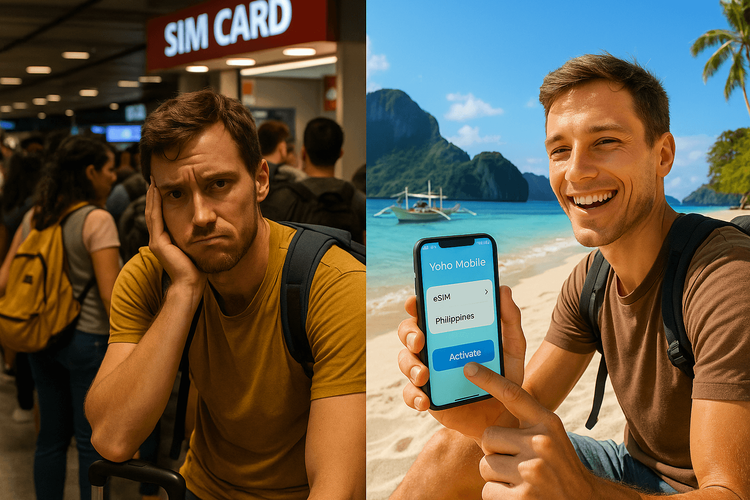 Comparison of waiting in line for a local SIM card versus instantly activating a Yoho Mobile eSIM for the Philippines.