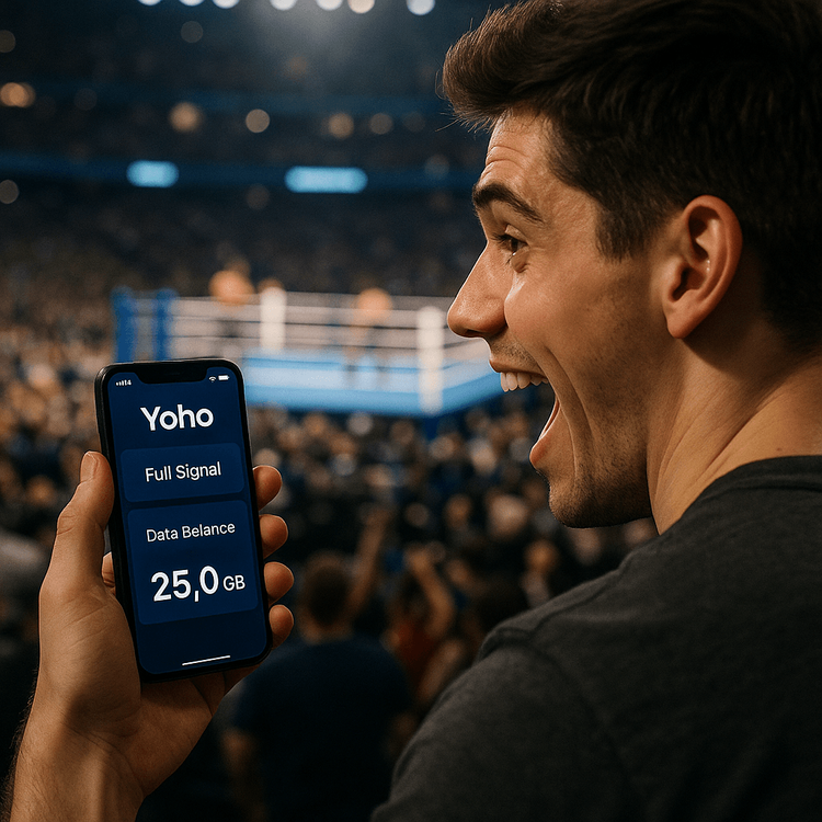 A fan using a Yoho Mobile eSIM on his phone to share moments from a ONE Championship fight night.