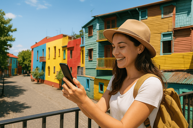 A happy traveler using her smartphone with a Yoho Mobile eSIM while enjoying the view in La Boca, Buenos Aires.