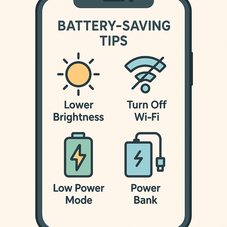 An illustration showing key phone battery saving tips for festivals, including lowering brightness and using a power bank.