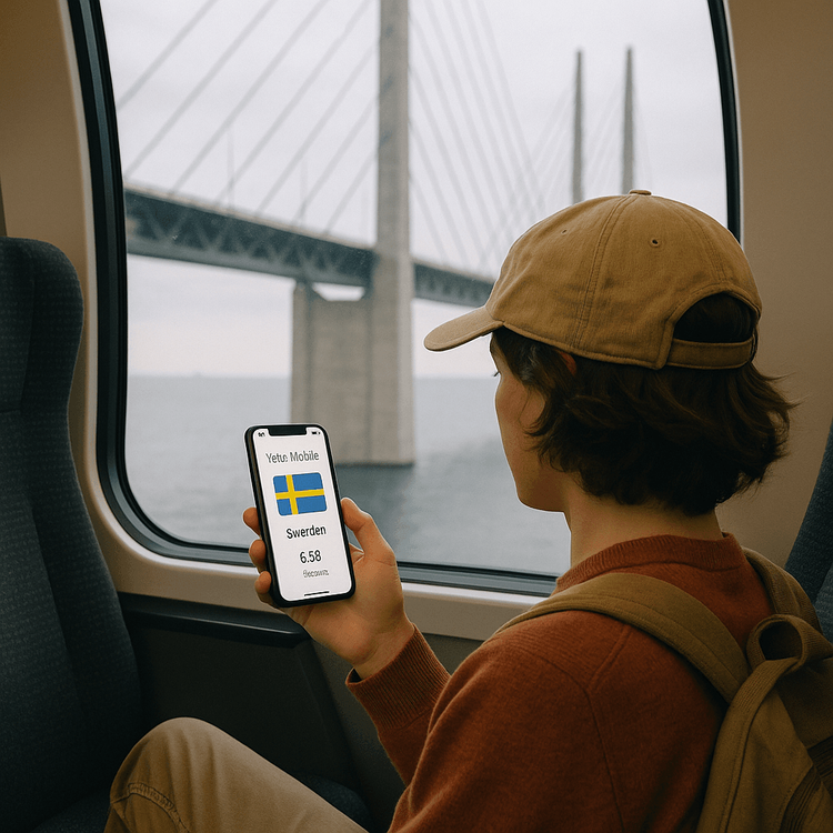 A traveler using a Yoho Mobile eSIM on their phone while crossing the Oresund Bridge by train from Copenhagen to Malmö.