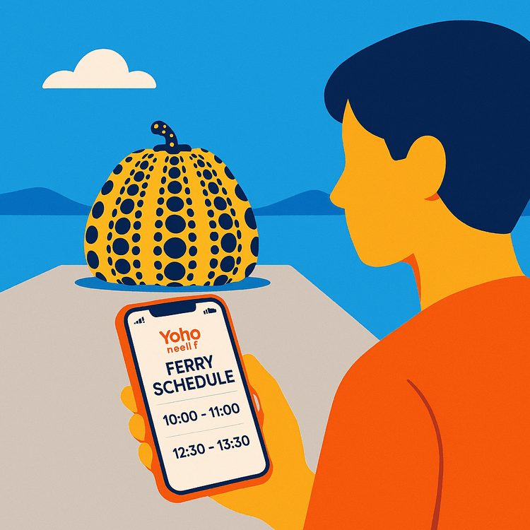 A traveler using a Yoho Mobile eSIM on their phone to check ferry schedules on Naoshima Island, with the Yellow Pumpkin art installation in the background.