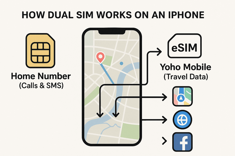 Diagram explaining how dual SIM with a primary number and a Yoho Mobile travel eSIM works on an iPhone.