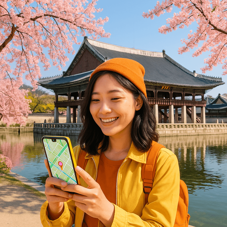 Traveler using a smartphone amidst cherry blossoms at Gyeongbok Palace, Seoul in spring.