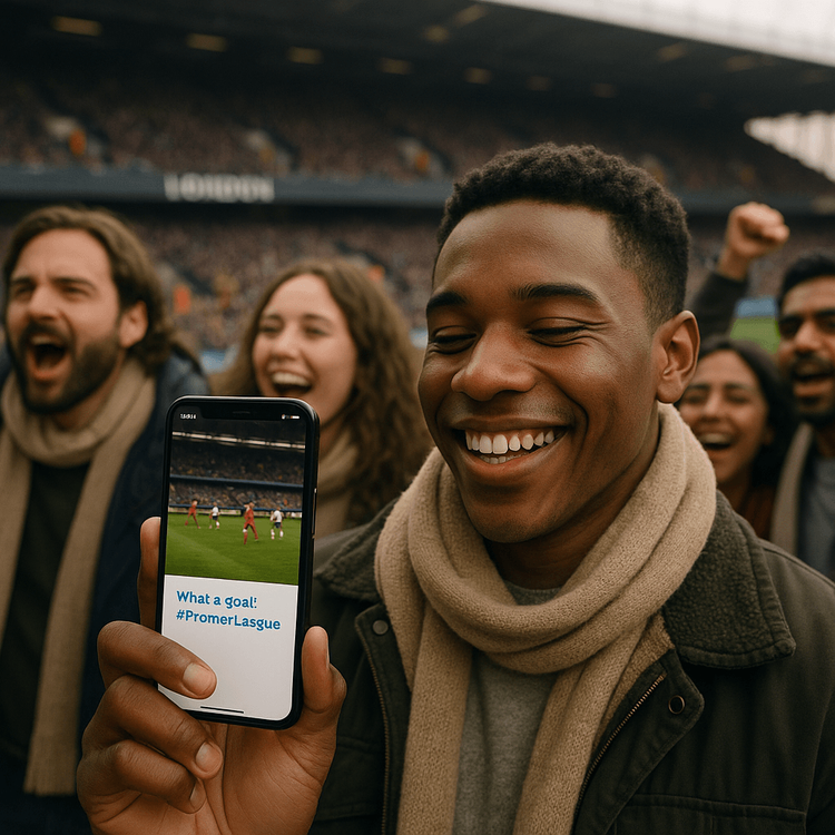 A happy football fan using a Yoho Mobile eSIM to instantly upload a photo from their seat at a Premier League match in London.