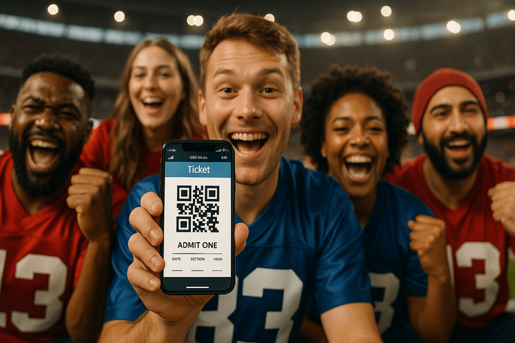 Excited NFL fans at a London game using a smartphone with a Yoho Mobile eSIM to access their digital tickets.