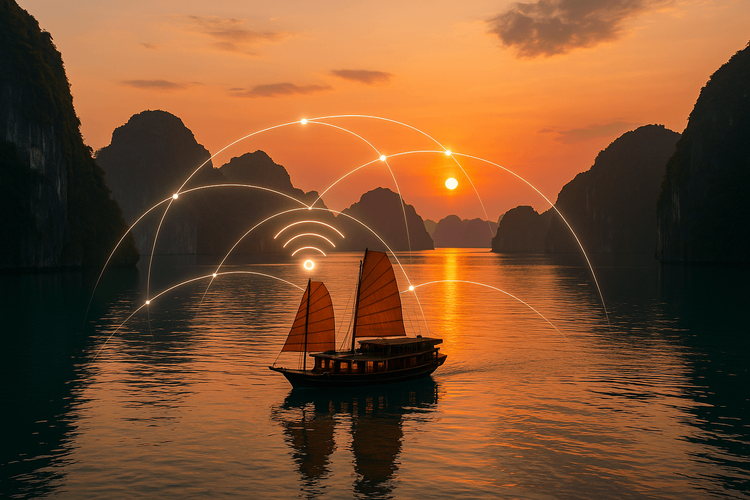 Seamless data connectivity with a Yoho Mobile eSIM while sailing through Ha Long Bay, Vietnam.